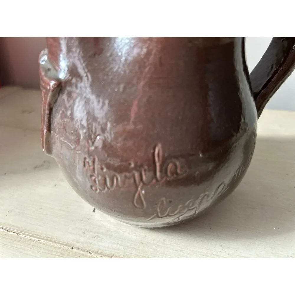 Portuguese Redware Pitcher with coat of arms  5' tall